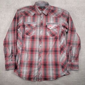 INC Plaid‎ Western Shirt Long Sleeve Snap Button Pockets Red Gray L